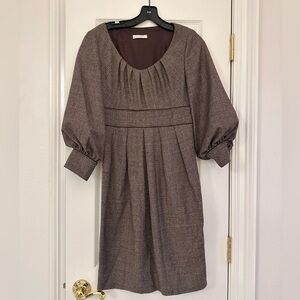 Badgley Mischka 3/4 Sleeve Brown Plaid Tweed Crew Neck Dress Size Small